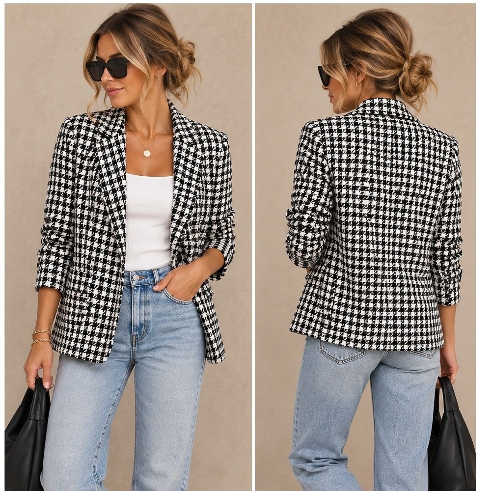 Sanctuary Womens Blazer M Black White Houndstooth Johnnie Single Button Knit